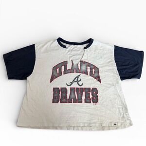 Atlanta Braves '47 Brand Raglan T Shirt Medium Cream Navy MLB Baseball Tee